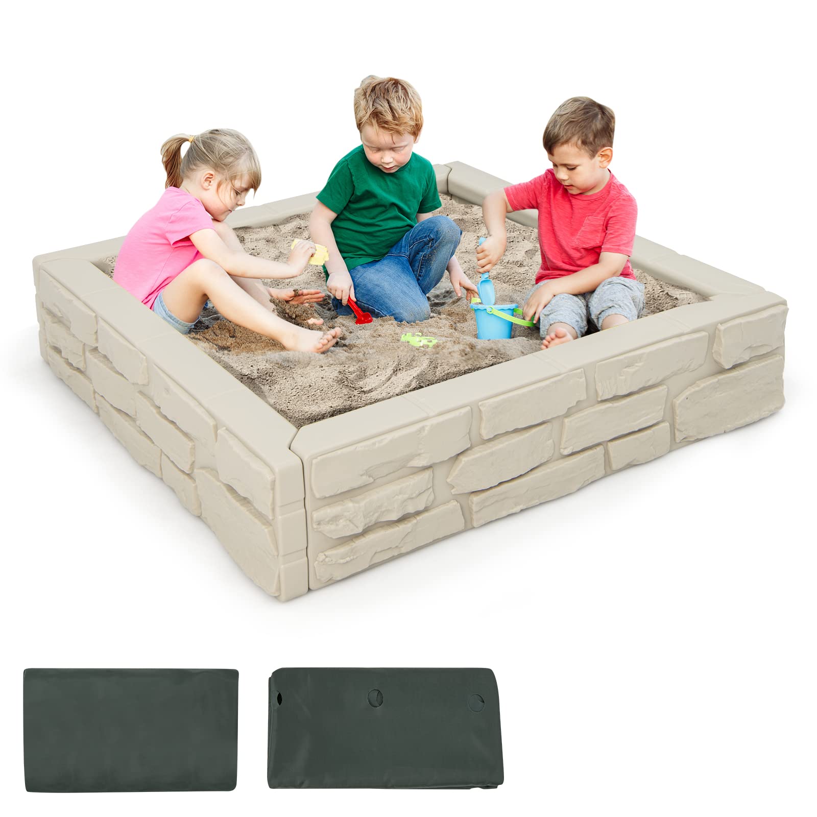 Costzon Kids Sandbox with Cover, 47” x 47” HDPE Sandpit with Oxford Cover, Bottom Liner