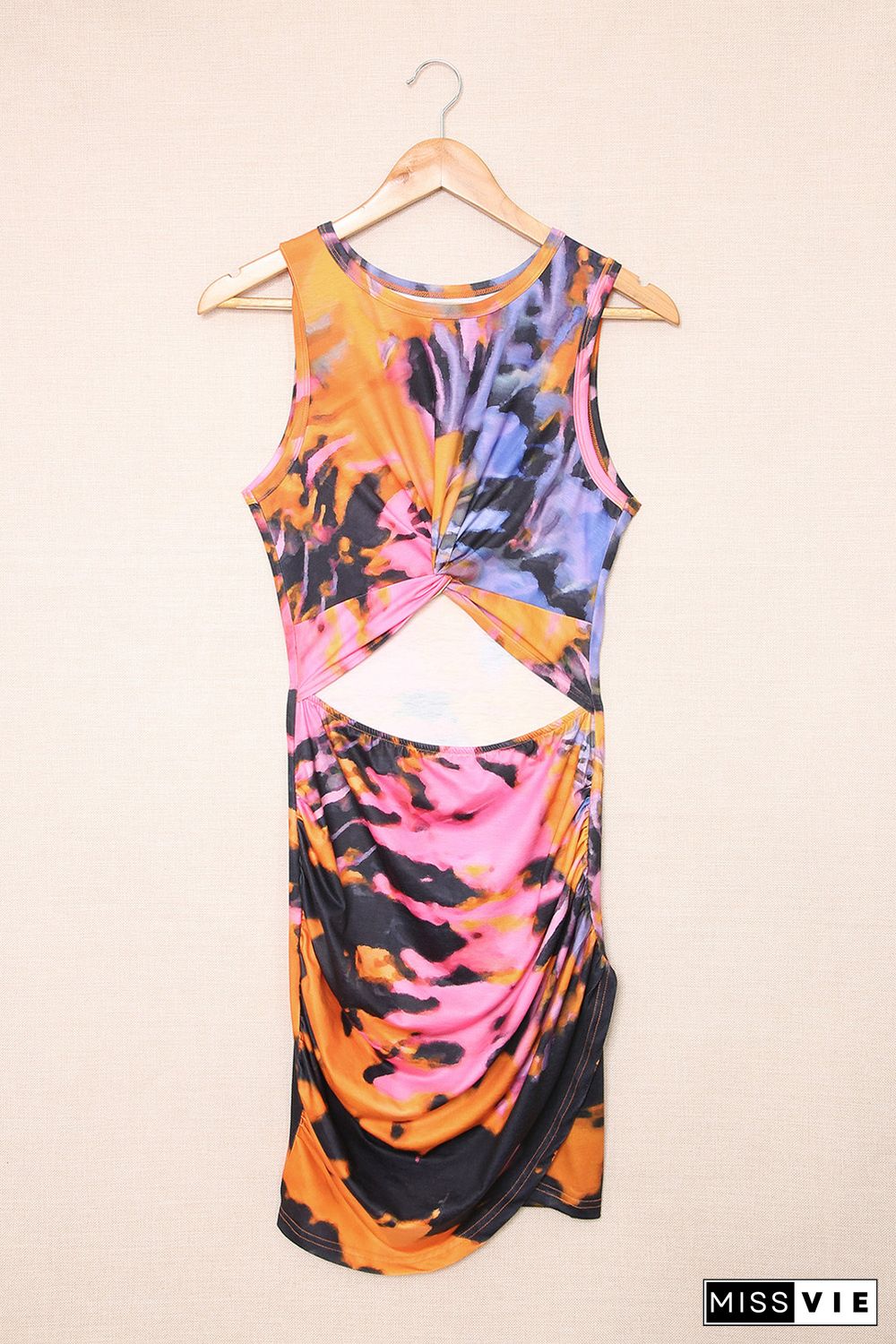 Multicolor Tie-dye Print Hollow Out Twist Bodycon Mini Dress