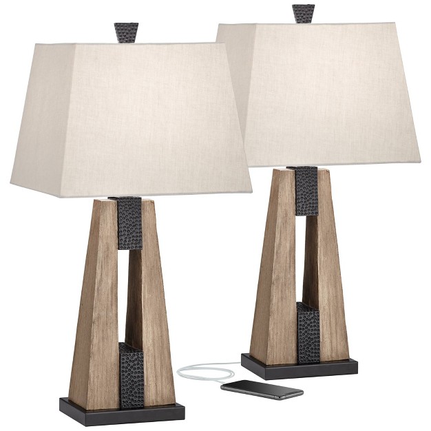 Tall Set Of 2 Wood With Usb Charging Port Oatmeal Tapered Rectangular Shade For Living Room