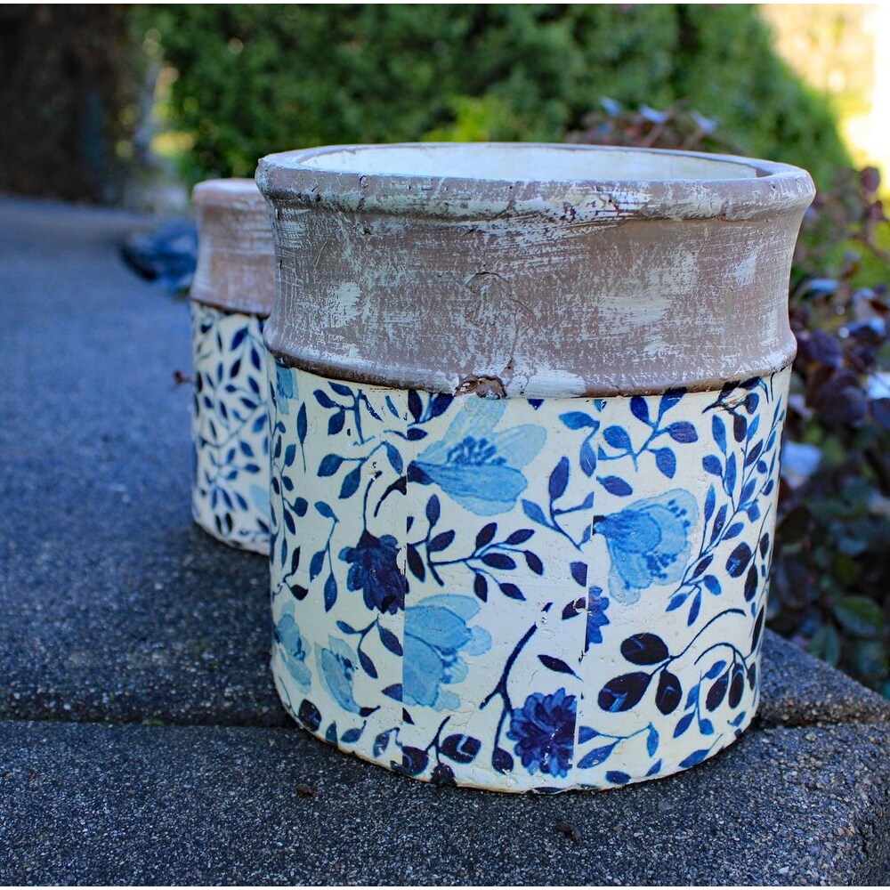 Old World Ceramic Blue and White Asian Floral Round planters