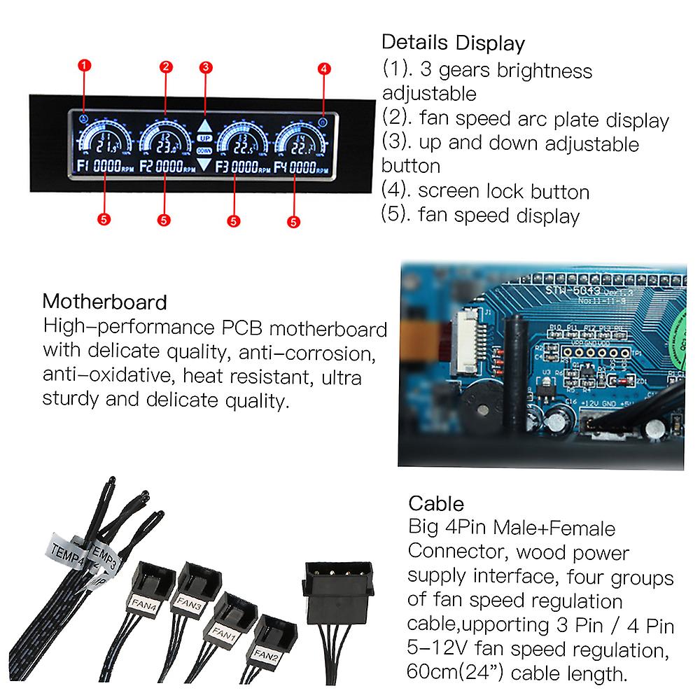 1 5.25andquot; Touch Screen Front Panel Four Ways Pc Temperature Fan Controller 4 Screw 1 User Manual(english andamp; Chinese)