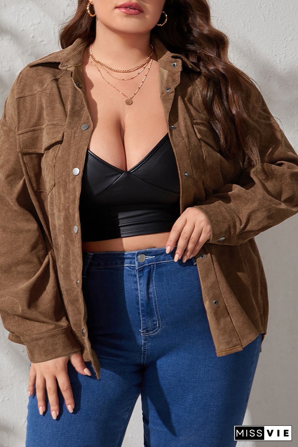 Brown Plus Size Pockets Corduroy Shirt Coat