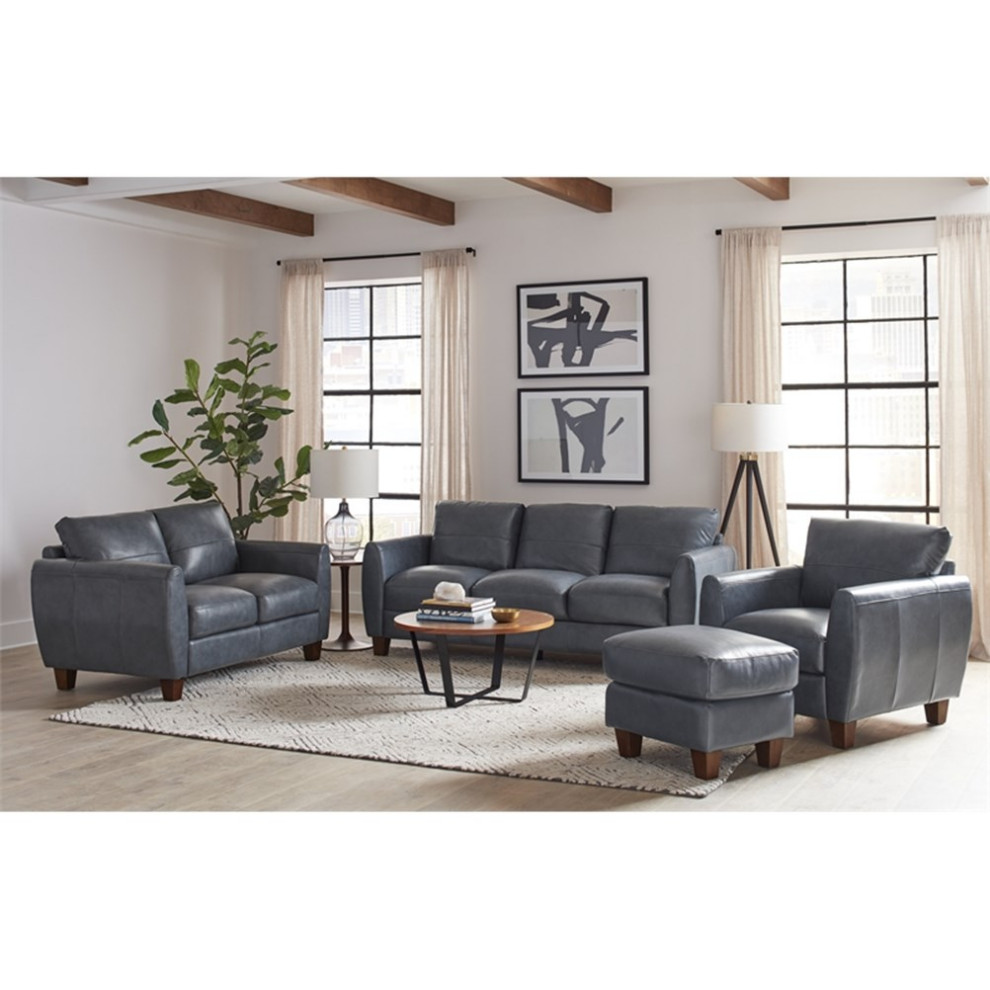 Bowery Hill Contemporary Geuine Leather Accent Chair in Blue   Transitional   Armchairs And Accent Chairs   by Homesquare  Houzz