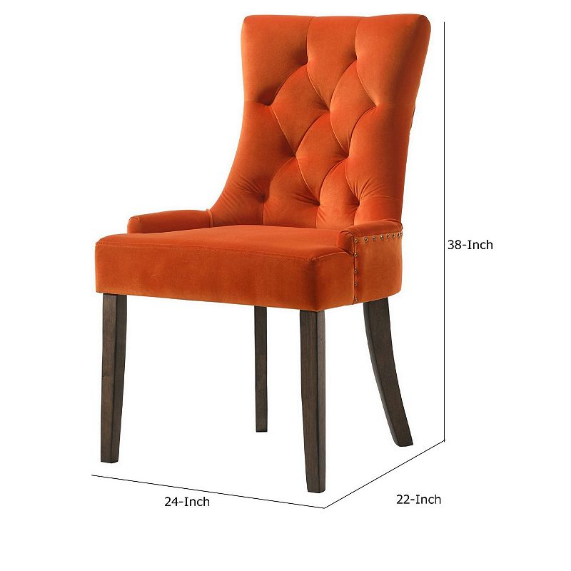 Esme 24 Inch Solid Wood Dining Chair， Velvet， Tufted， Set of 2， Orange