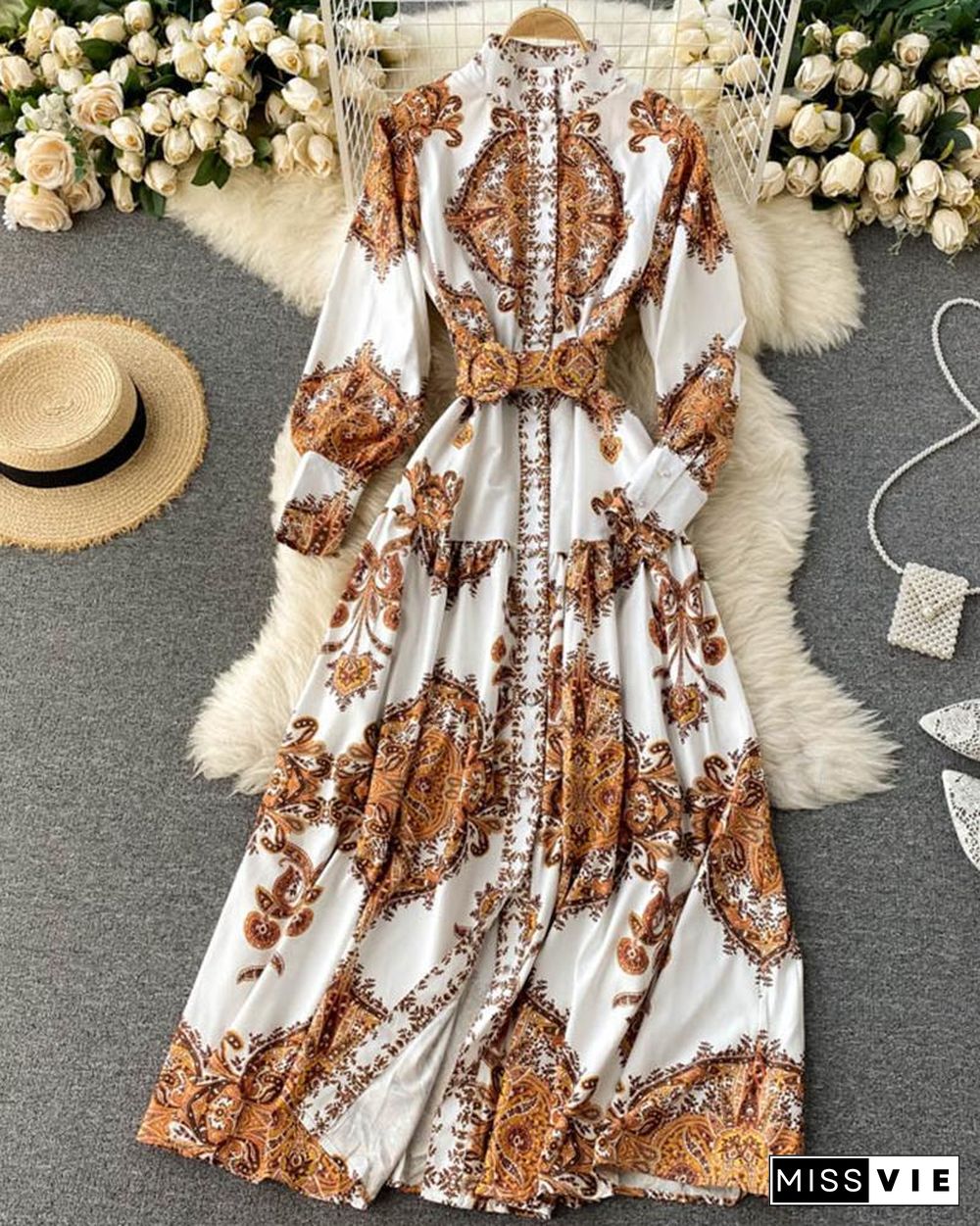 Vintage All Over Print Long Sleeve Maxi Dress With Belt P16174