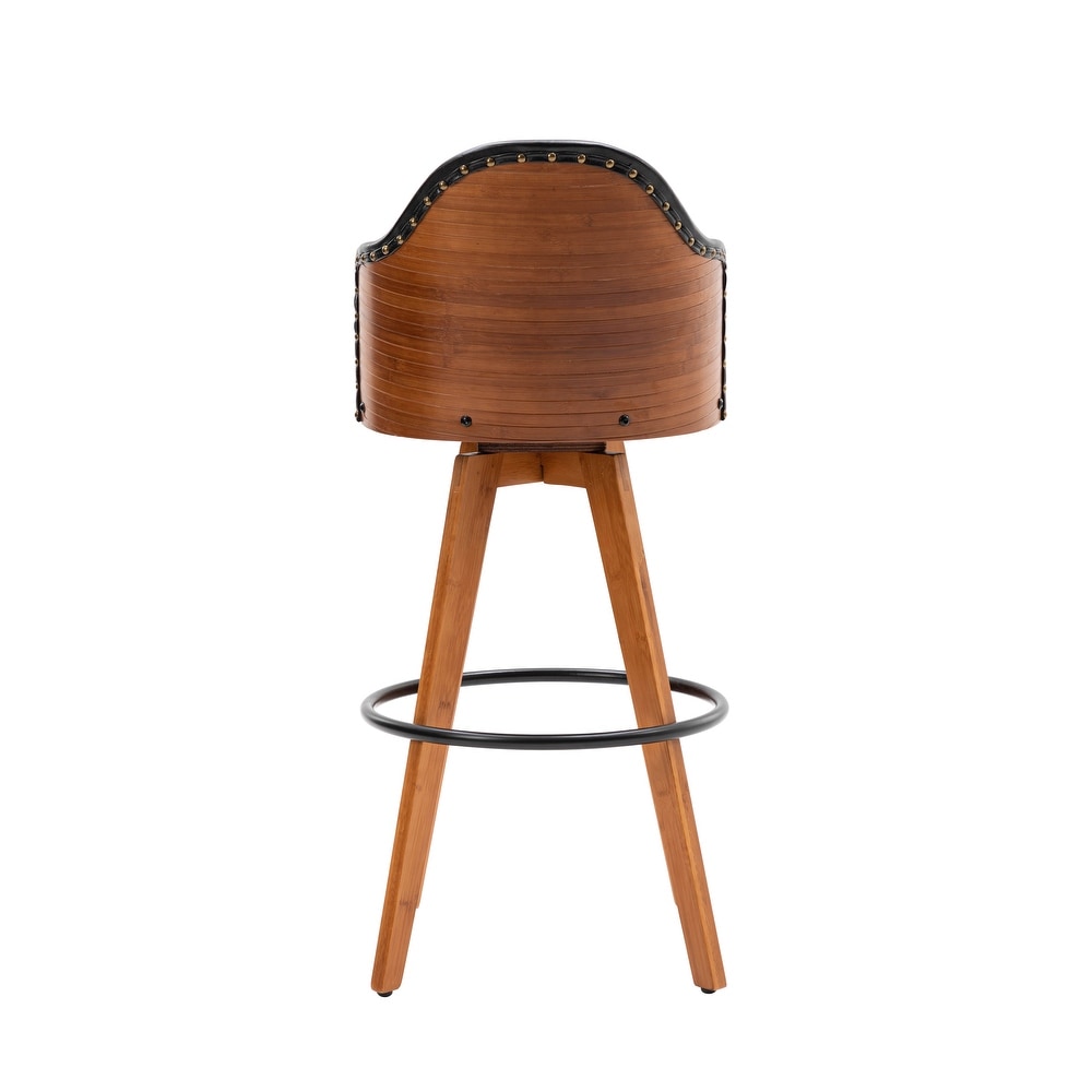 Porthos Home Idan Swivel Bar Stool  PU Leather Upholstery  Bamboo Legs