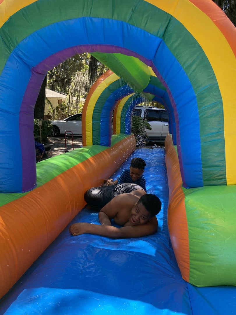 Pogo Bounce House Crossover Giant Inflatable Slip and Slide, Rainbow with Blower