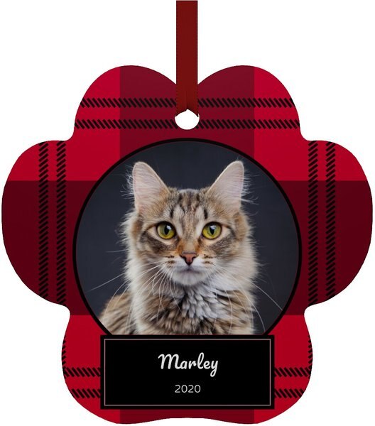 Frisco Plaid Paw Shape Metal Personalized Dog and Cat Holiday Ornament