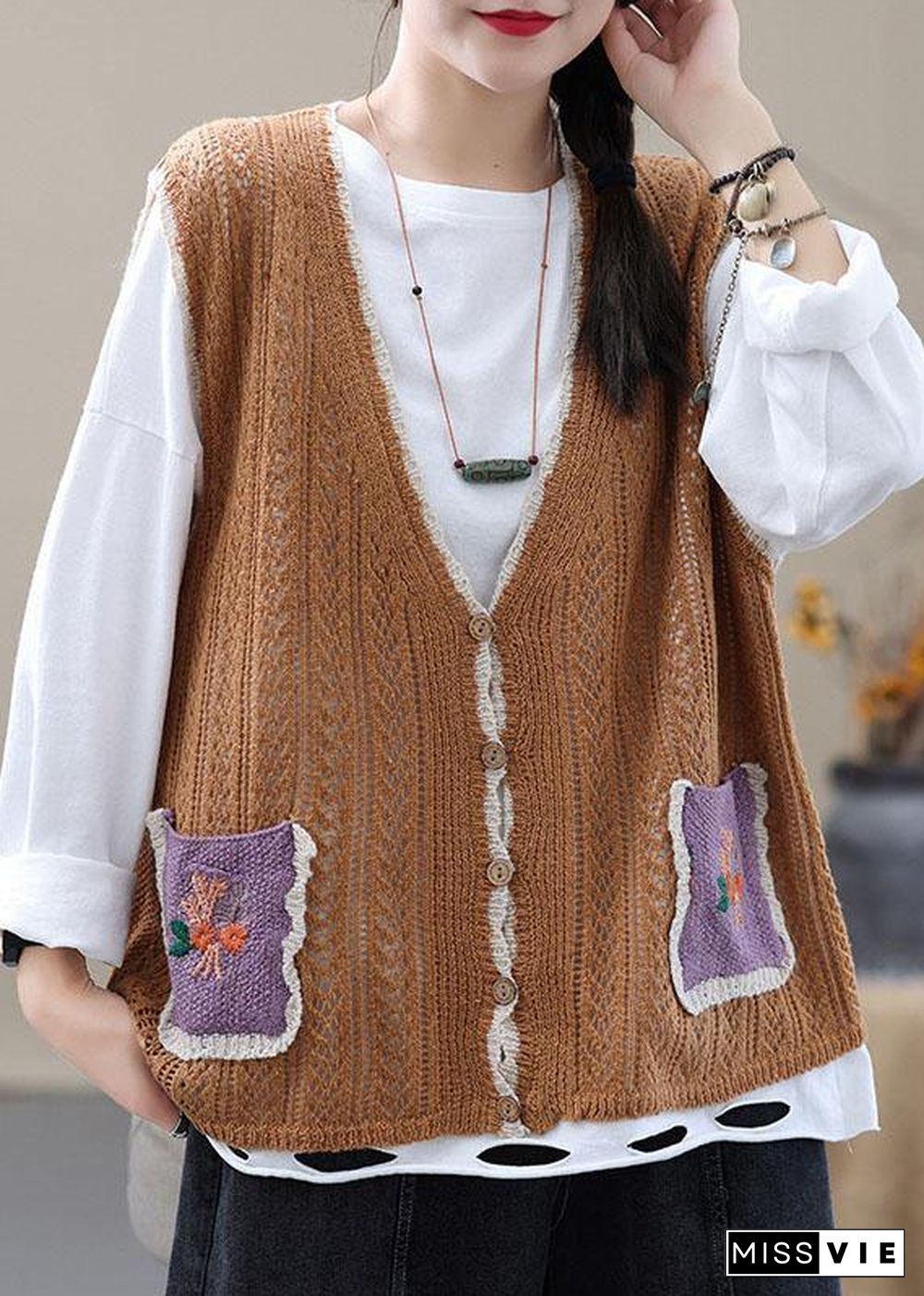 Style Khaki Embroideried Pockets Floral Fall Shirt Knit Vest Sleeveless