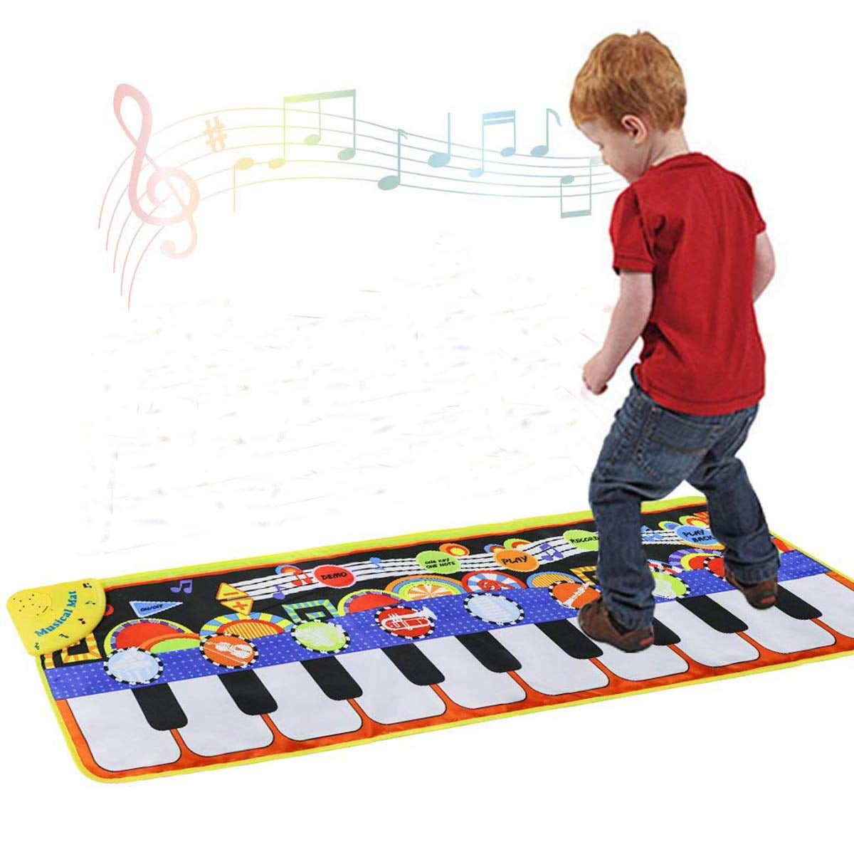 Piano Music Mat， Keyboard Play Mat Music Dance Mat with 19 Keys Piano Mat， 8 Selectable Musical Instruments Build-in Speaker and Recording Function for Kids Girls Boys， 43.3'' x14.2''