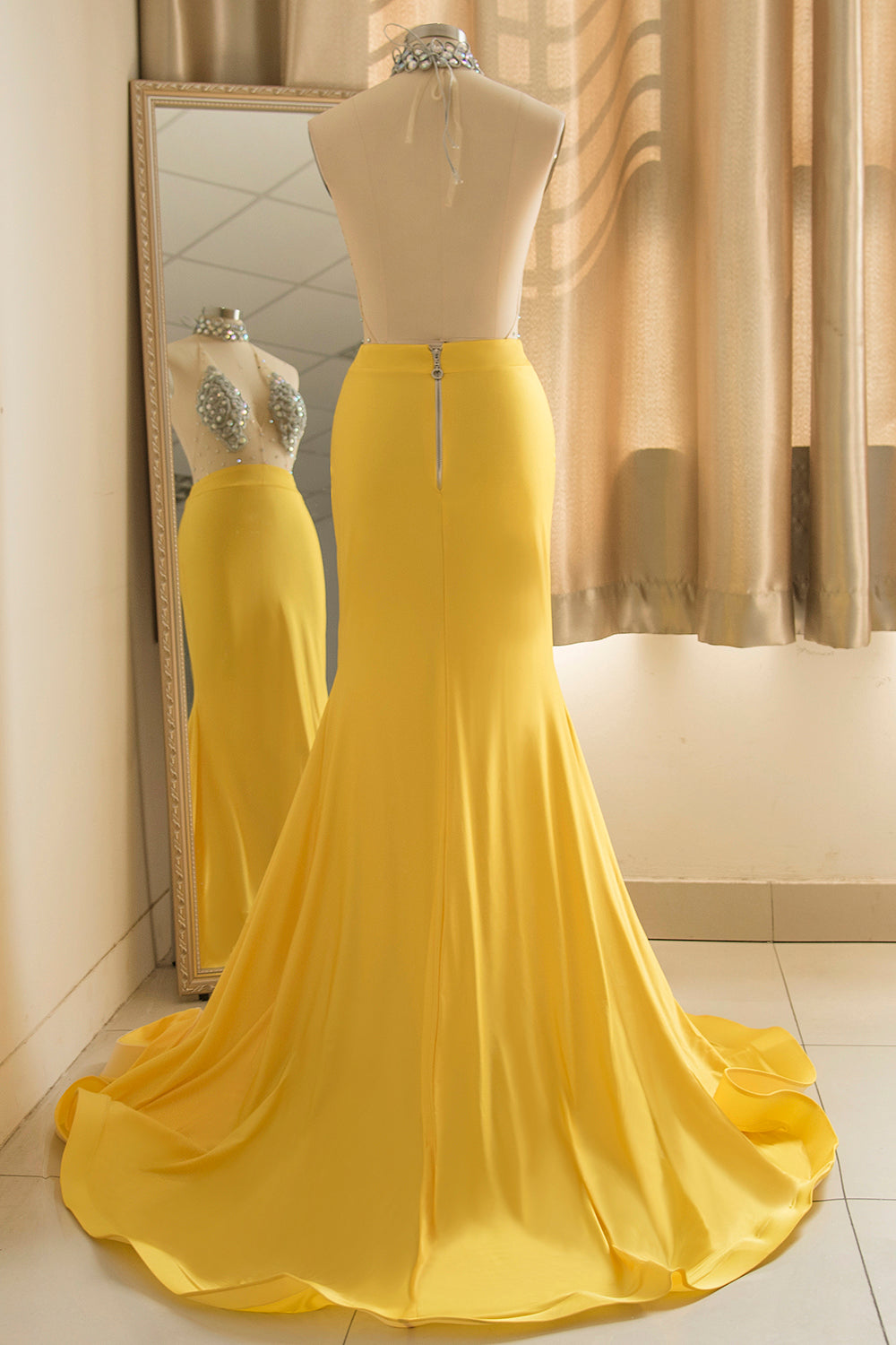 Sexy Yellow Halter Backless Prom Dress Long Mermaid With Crystals