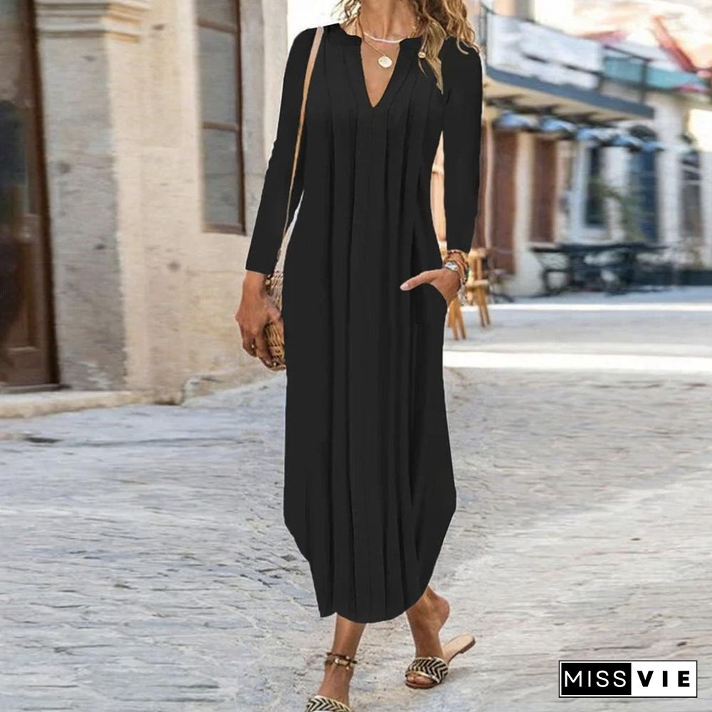 Black Long Sleeve Plain Midi Dress