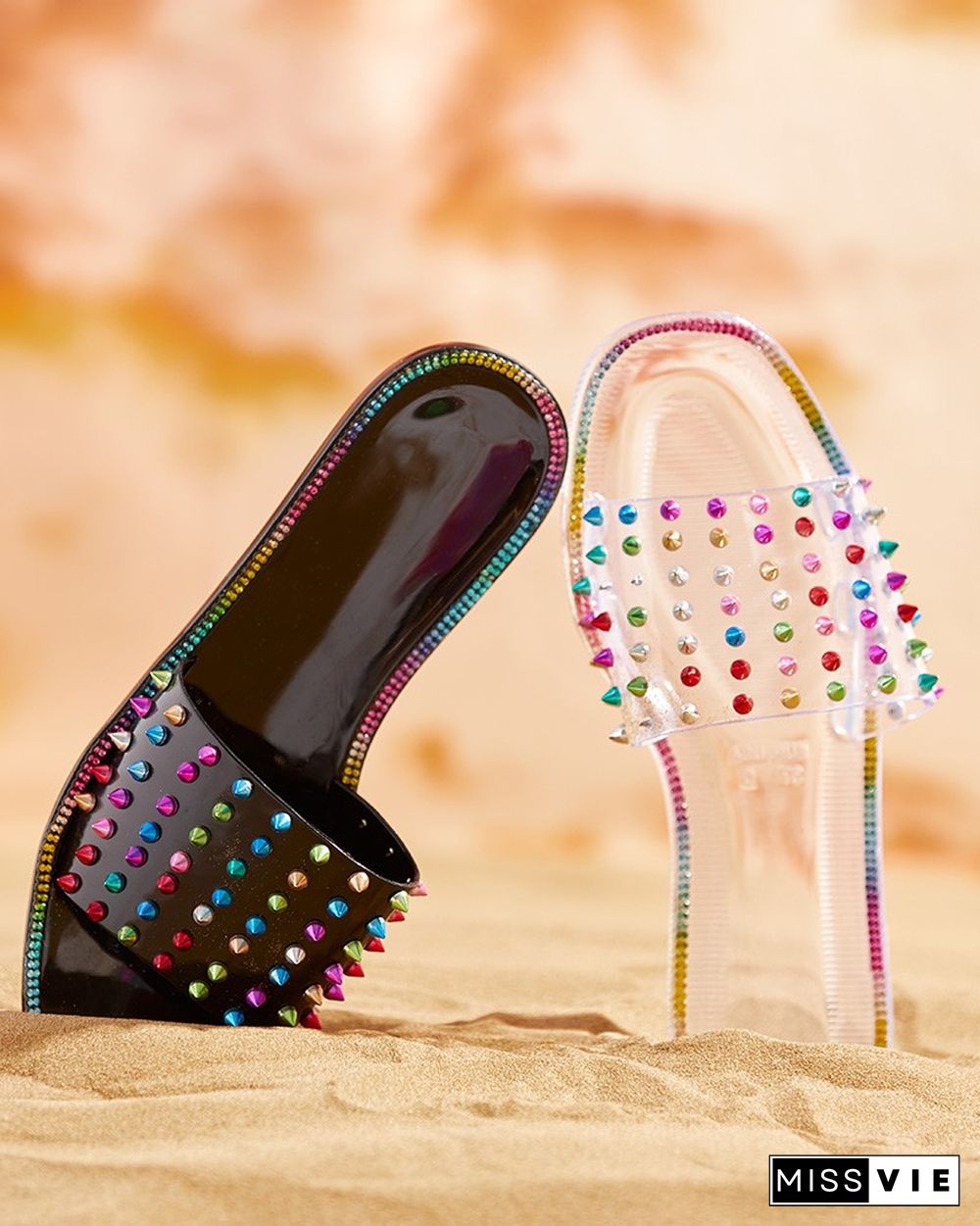 Colorful Rivet Clear Perspex Studded Slippers