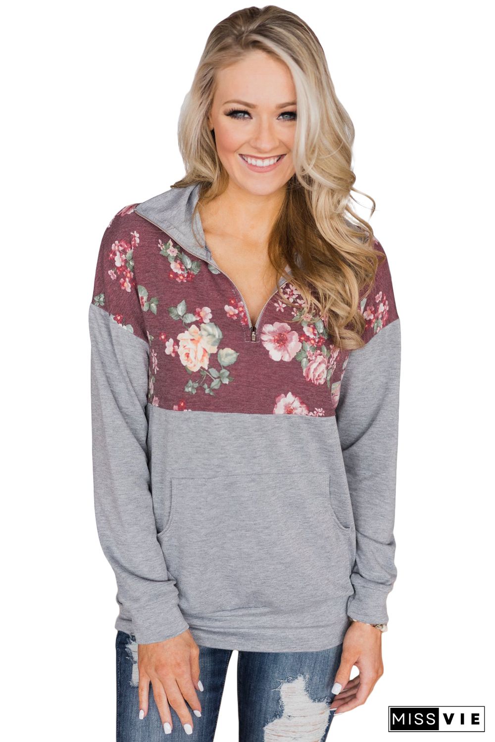 Floral Splice Grey Kangaroo Pocket Zip Collar Sweatshirt