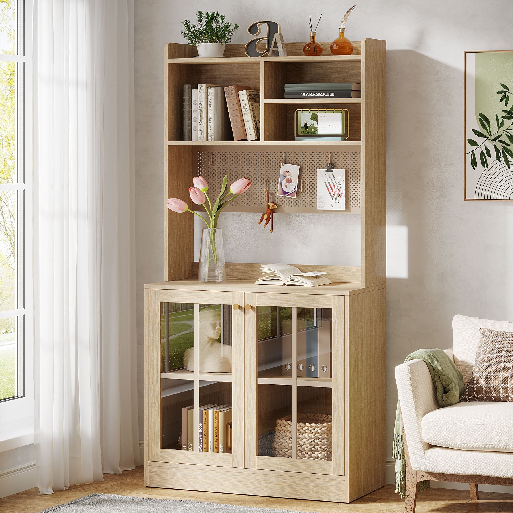 70.8 Bookcase Bookshelf Cabinet with Tempering Glass Doors