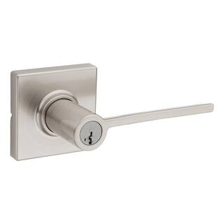 Kwikset Ladera Satin Nickel Exterior Entry Door Handle with Square Trim featuring SmartKey Security 405LRLSQT15SMK4