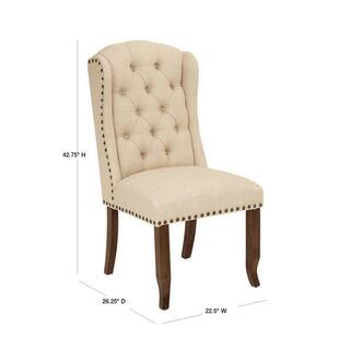 OSP Home Furnishings Jessica Linen Fabric Tufted Wing Chair with Bronze Nail-Heads and Coffee Legs JSAW-L38