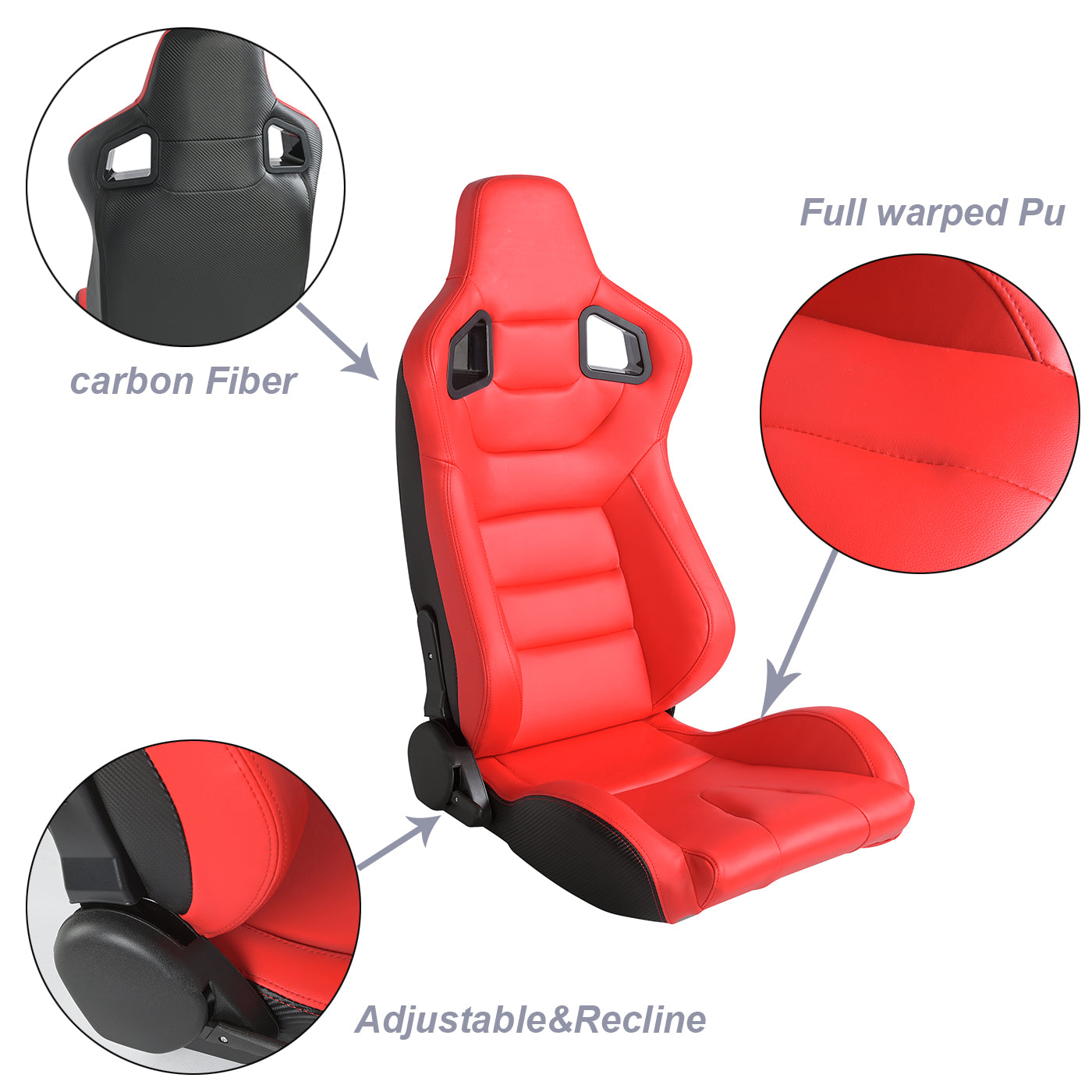 Racing Seats，1 Pair Bucket Seats with Dual Lock Sliders，PVC Leather Racing Seats，Reclining Design and Front-Back Adjustable Seats，Red