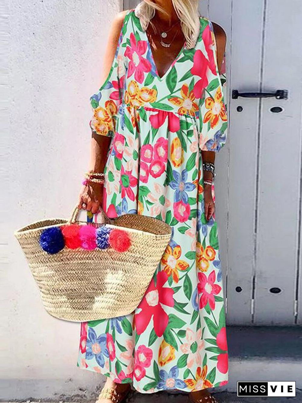 Retro Boho Printed Holiday Beach Long Dress Women Casual Half Sleeve Hollow V Neck Loose Dress Fashion Off Shoulder Dresses