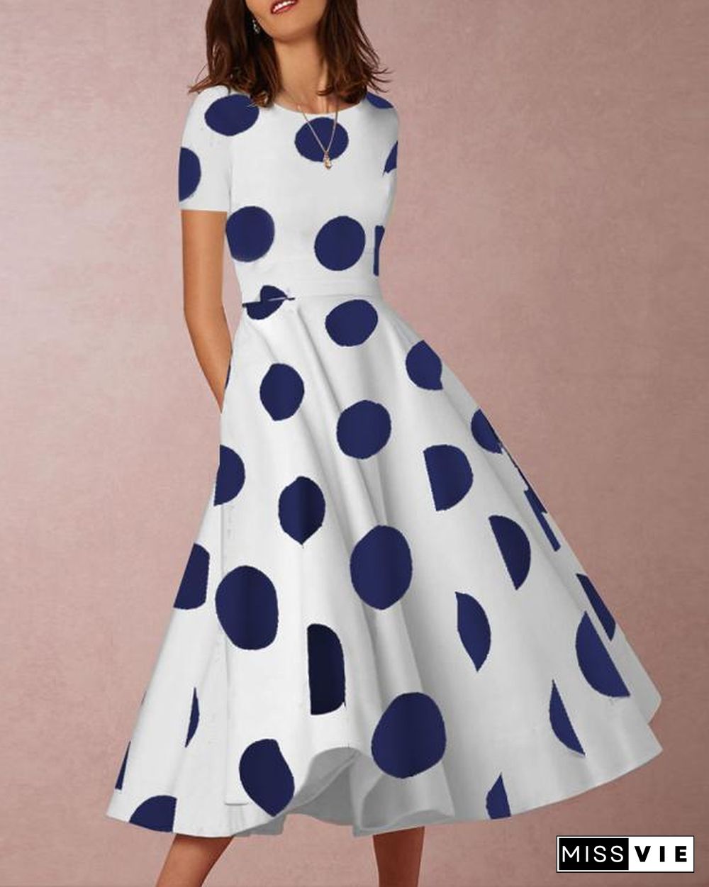 Sexy Round Neck Short Sleeve Polka Dot Print Dress