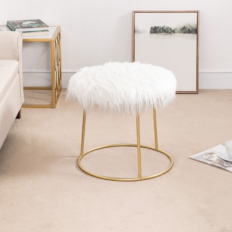 Adeco Vanity Stool Chair Fluffy Ottoman Footrest Round Metal Base