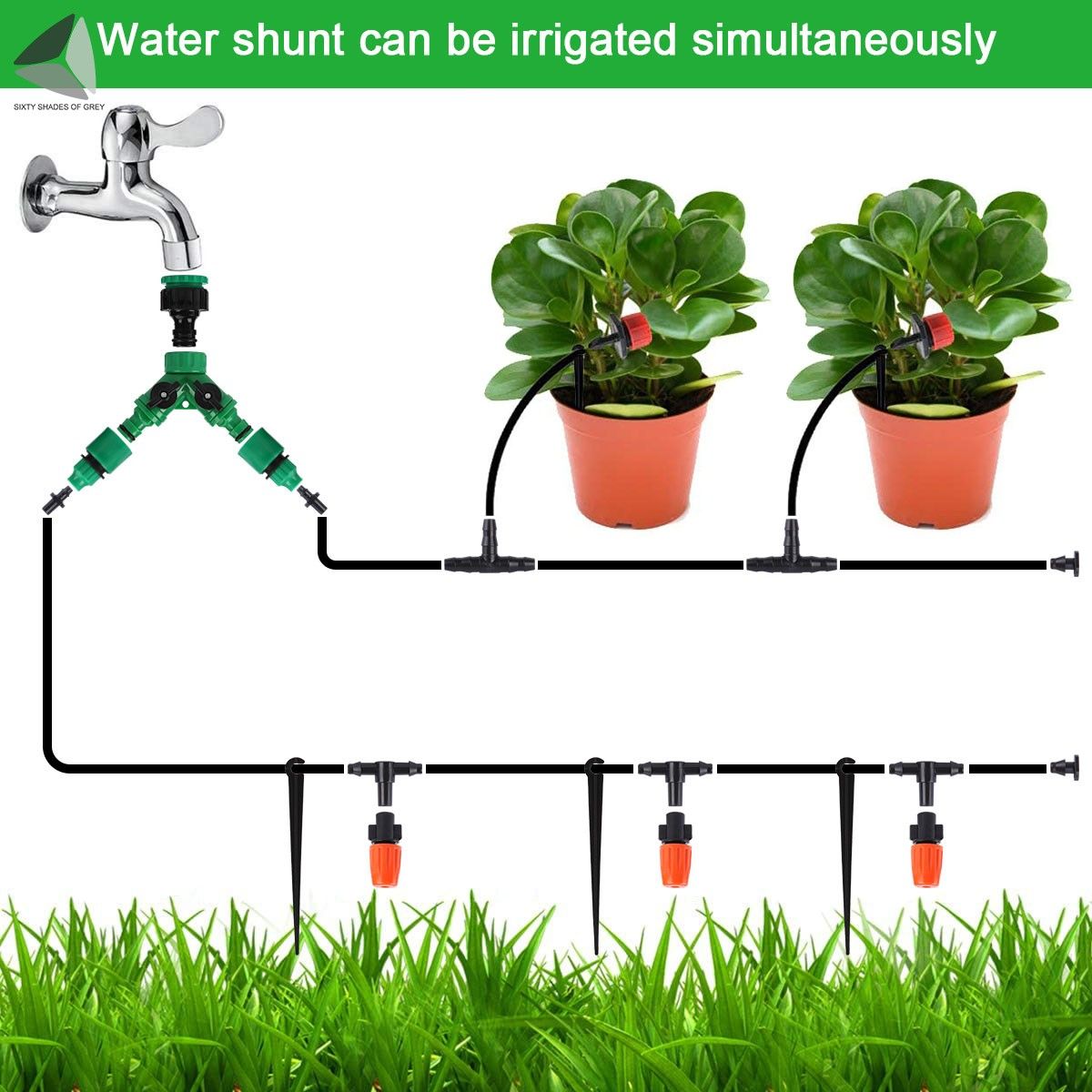 Sixtyshades 50FT Auto Drip Irrigation System Kits with Adjustable Dripper， 1/4