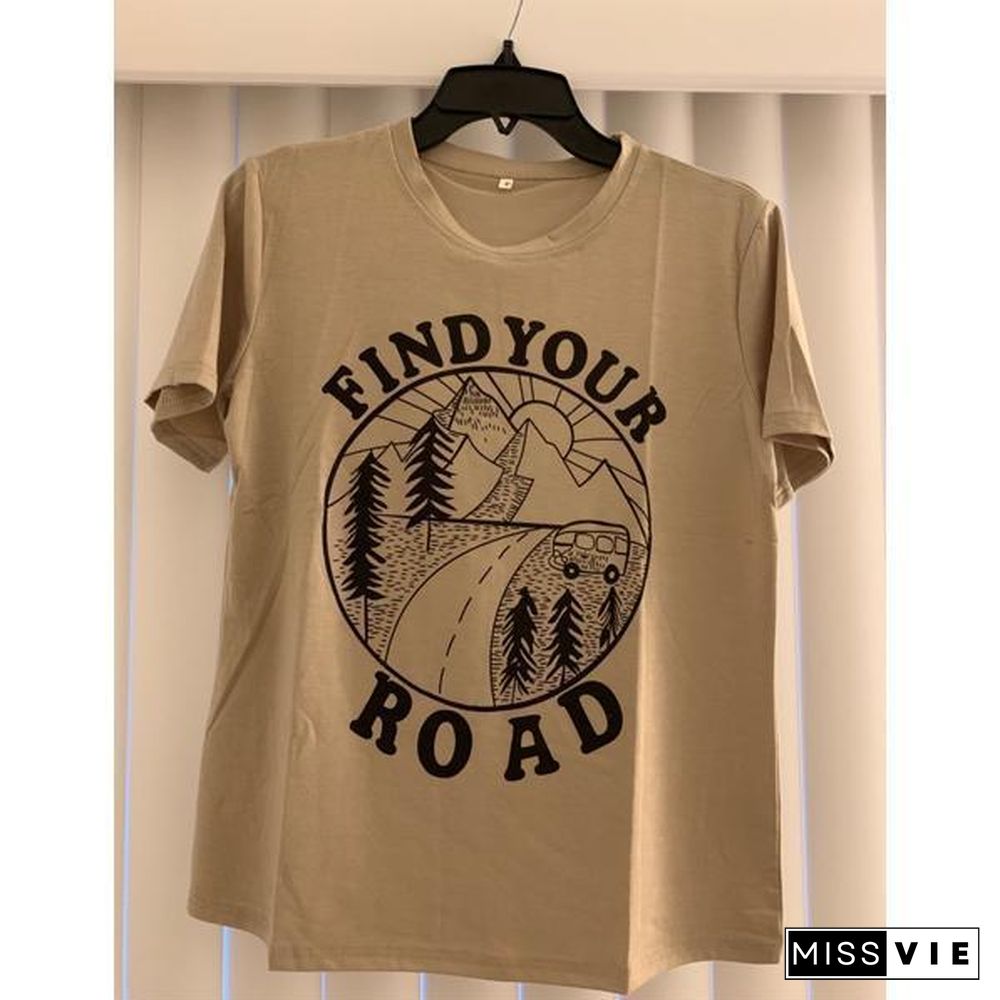 Women Short Sleeve Find Your Road Print O-Neck T-Shirt Casual Fashion Light Khaki Tops Tee