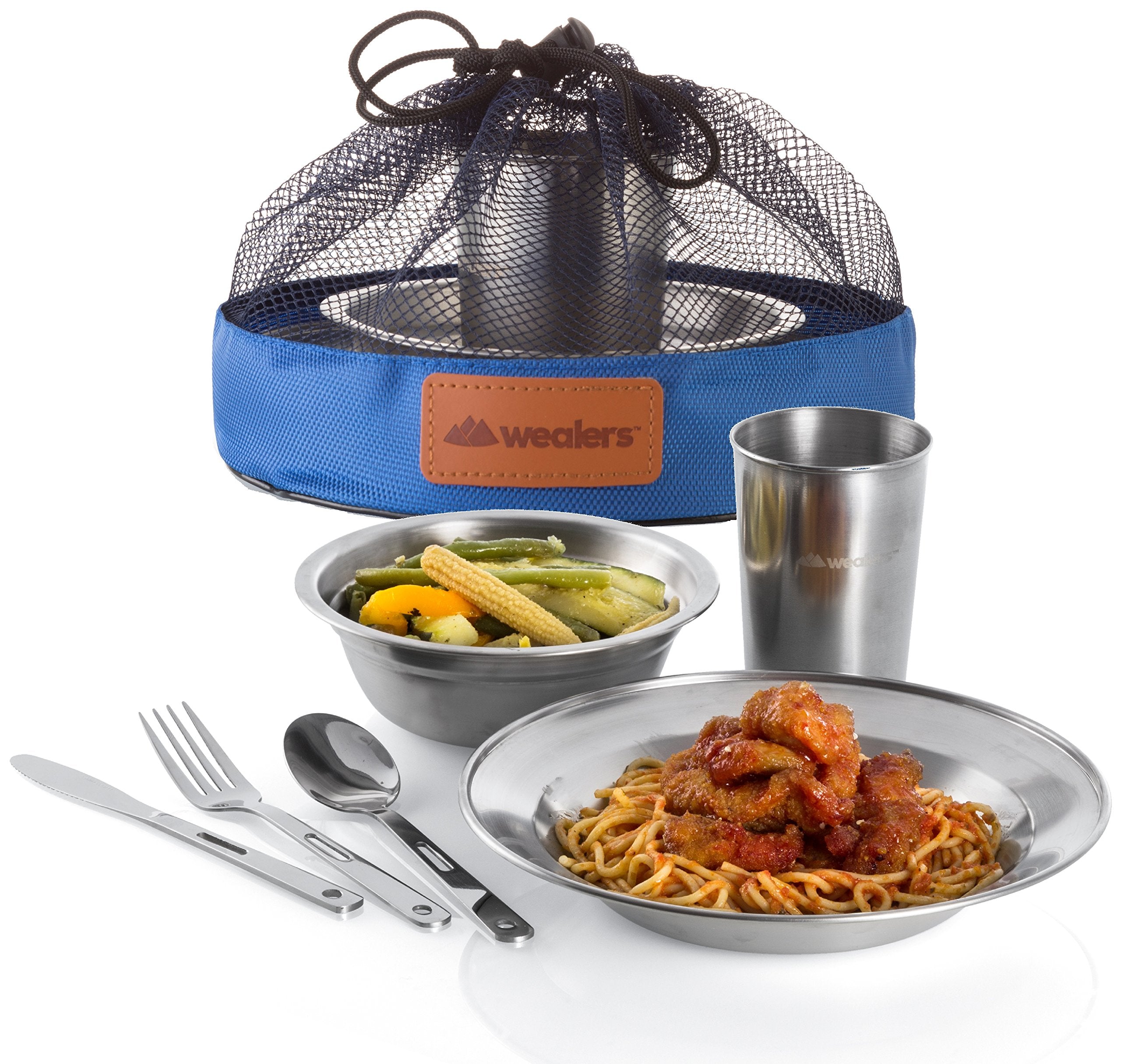 Unique Complete Messware Kit Polished Stainless Steel Dishes Set| Tableware| Dinnerware| Camping| Includes - Cups | Plates| Bowls| Cutlery| Comes in Mesh Bags