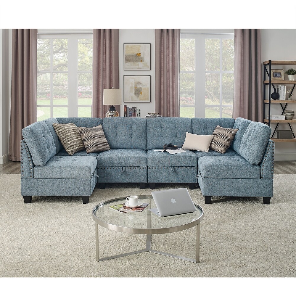 Chenille Modular Corner Sofa U shape Sectional Sofa w/Nailhead