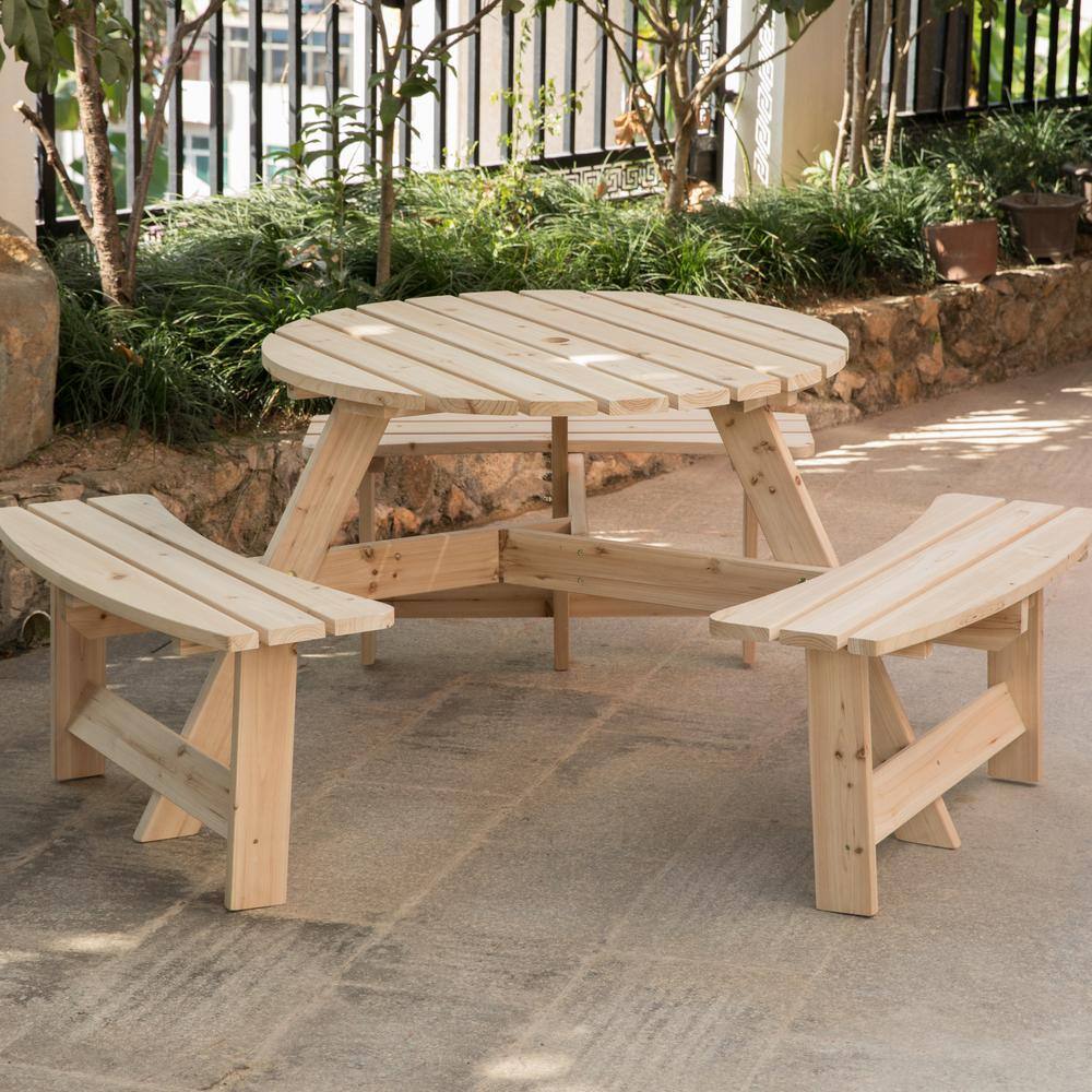 GARDENISED Natural 6-Person Round Wooden Outdoor Picnic Table with Bench for Patio with Umbrella Hole QI003904.N