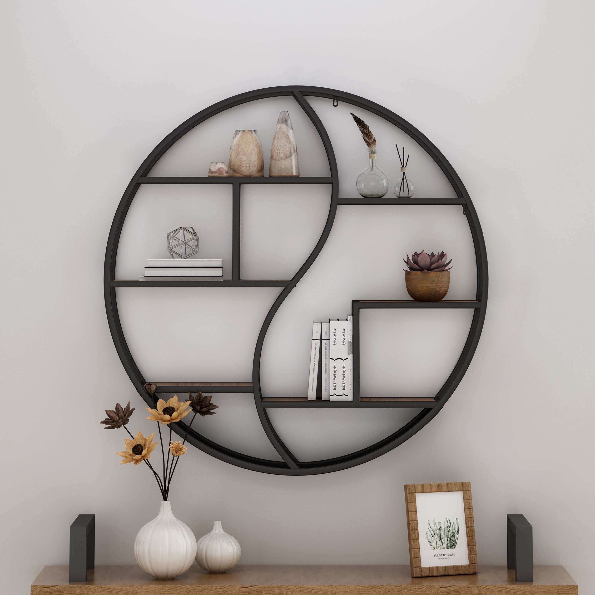 Bobby Industrial Wall Mount Round Yin Yang Floating Shelf