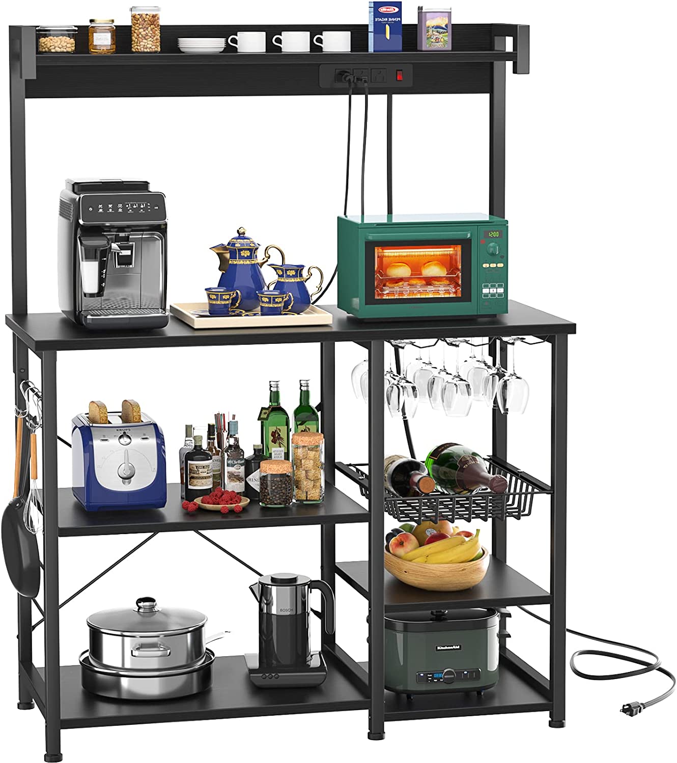 Bakers Rack with Power Outlet, Microwave Stand, Kitchen Storage Shelf with Wire Basket, Coffee Bar Station with Wine Glass Holder, 35.4