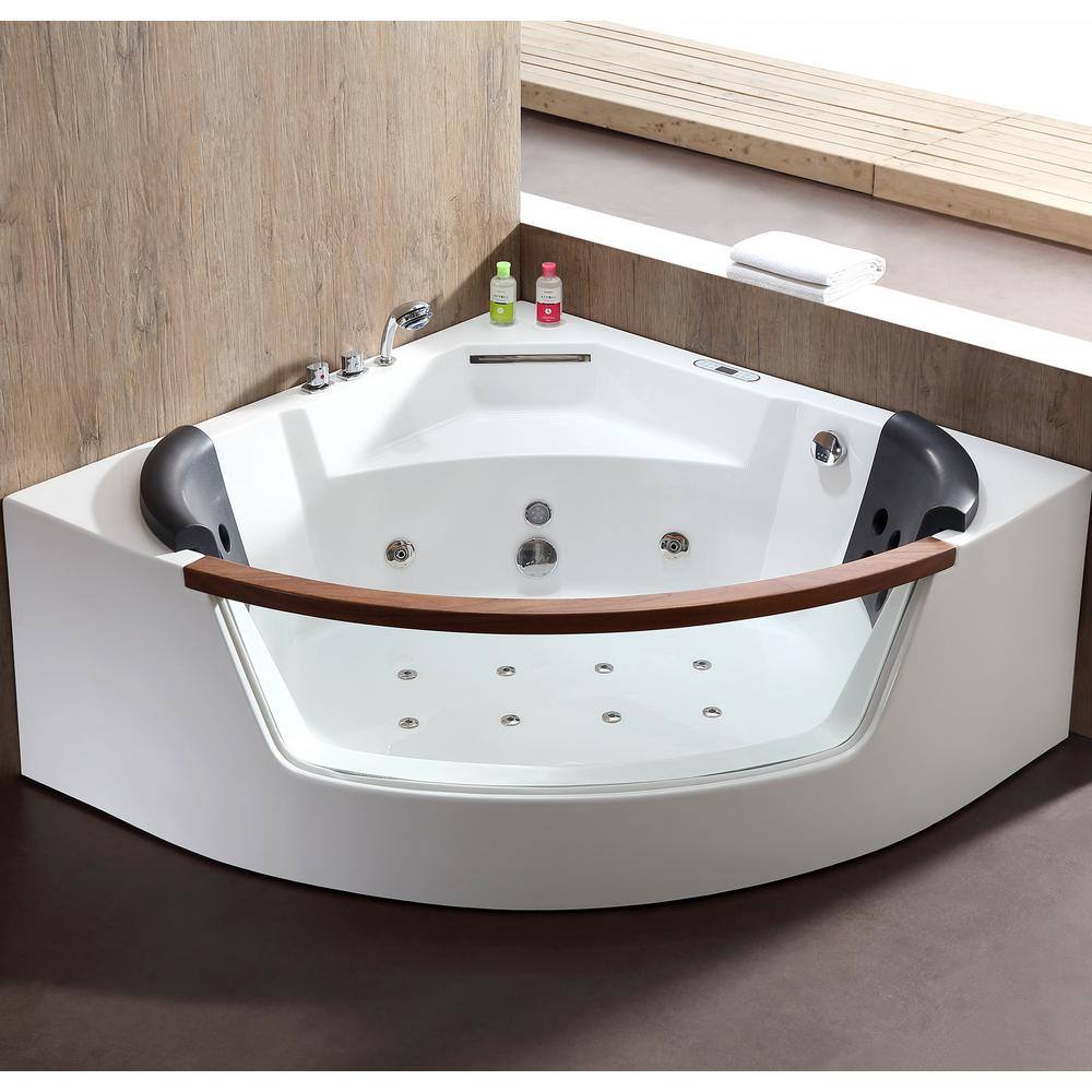 EAGO 59 in. Acrylic Offset Drain Corner Apron Front Whirlpool Bathtub in White AM197ETL