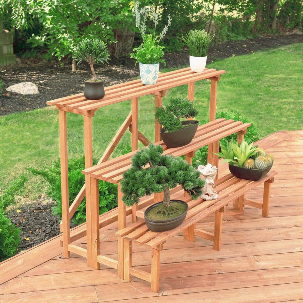 Leisure Season Large 3-Tier 48 in. W x 24 in. D x 32 in. H Brown Step Wooden Plant Stand PS5718