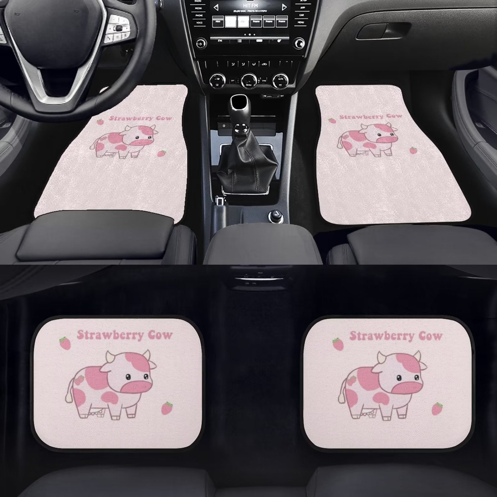 FKELYI Strawberry Cow Car Floor Mat for Women Men 4pcs Comfortable Floor Protections Wear-Resistant Heavy Duty Rubber Foot Mat Rug Universal for Almost Cars