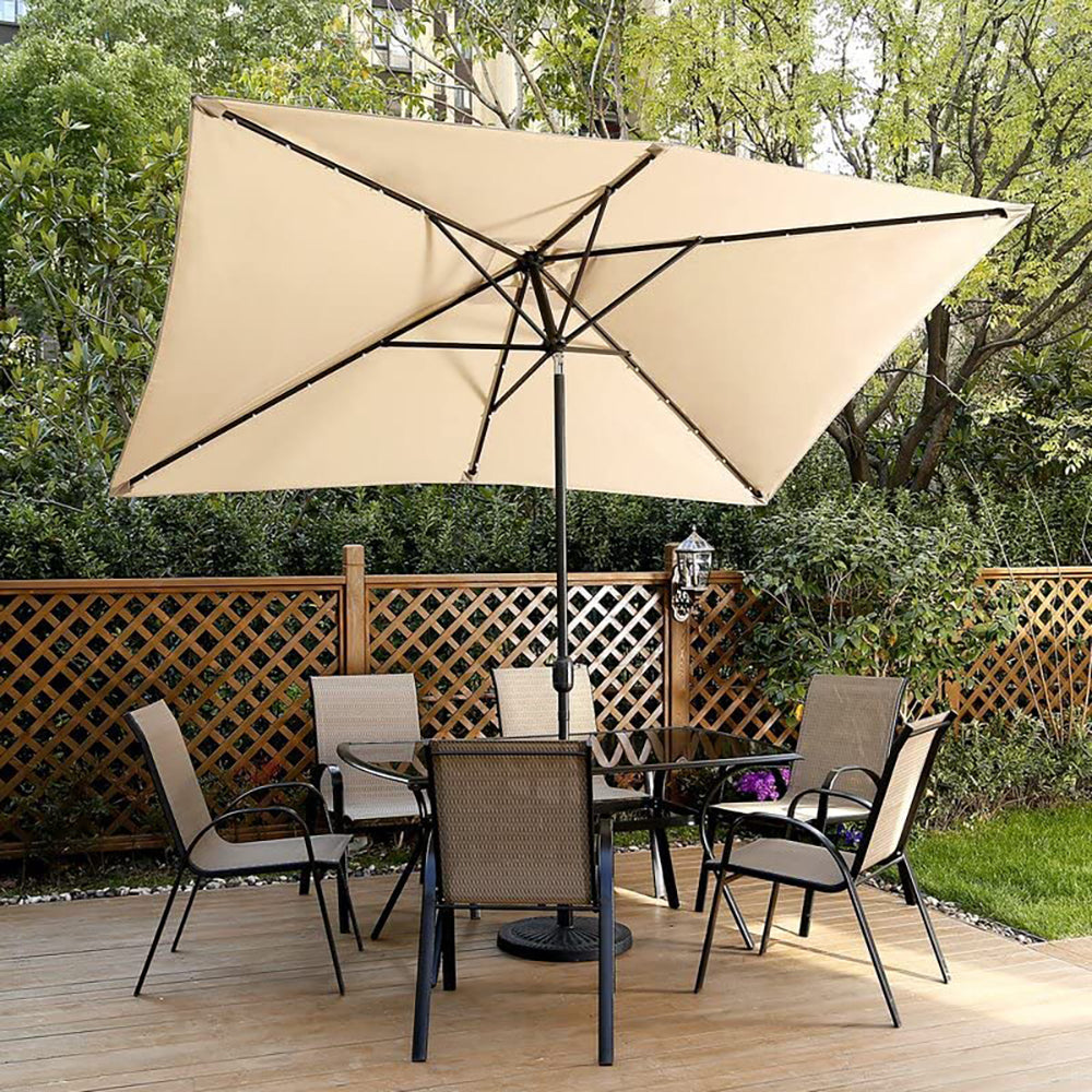 10X6.5Ft Patio Umbrella With Solar Lights -26 Led Rectangular Table Umbrella, 6-8 Chairs Outdoor Tilting Rectangle Umbrella For Lawn Backyard, Deck, Pool And Beach, Sand