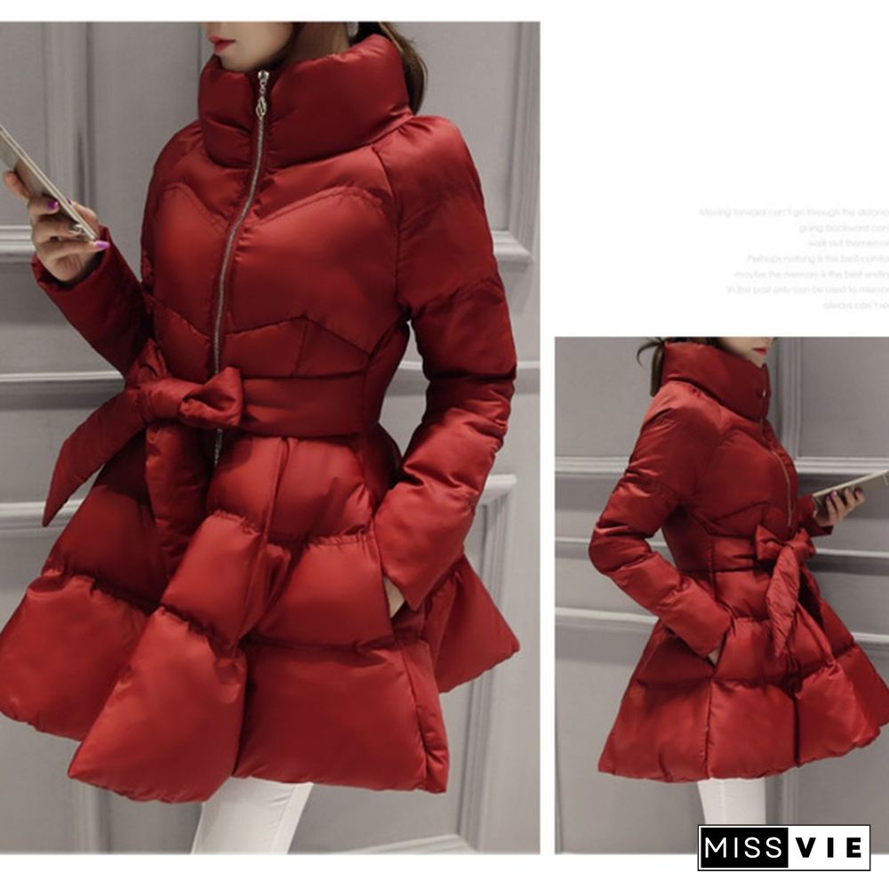 Women Puffer Coat Jacket Swing Zip Bowtie Mid Length Quilted Padded Winter Outerwear Casual