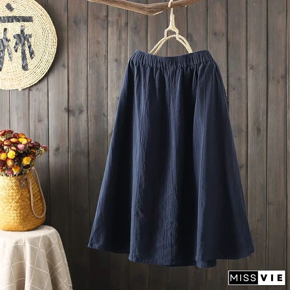 Cotton Linen Vertical Stripe Casual Skirt