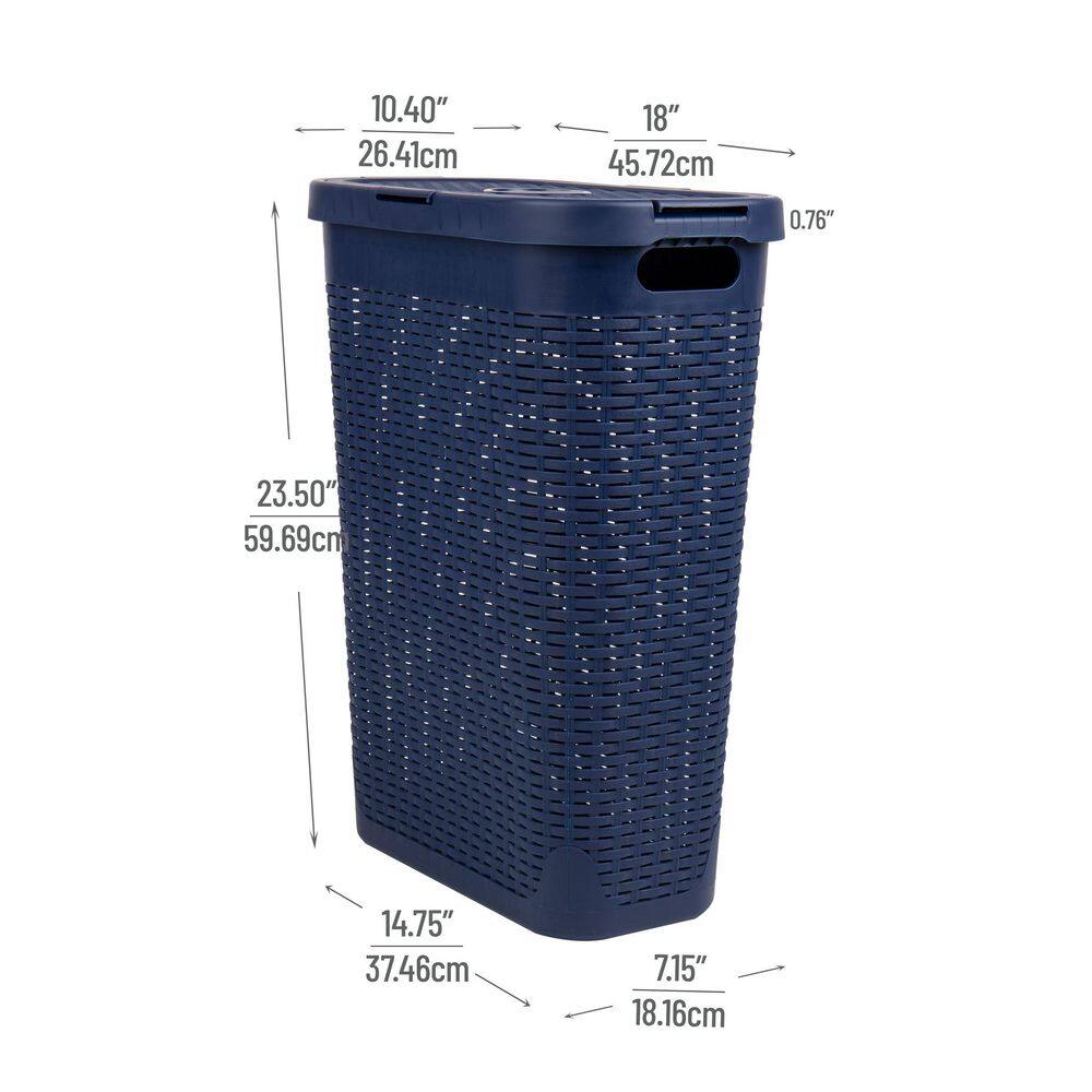 Mind Reader Basket Collection Slim Laundry Hamper 40 Liter (15kg33lbs) Capacity Attached Hinged Lid Navy 40HAMP-NVY