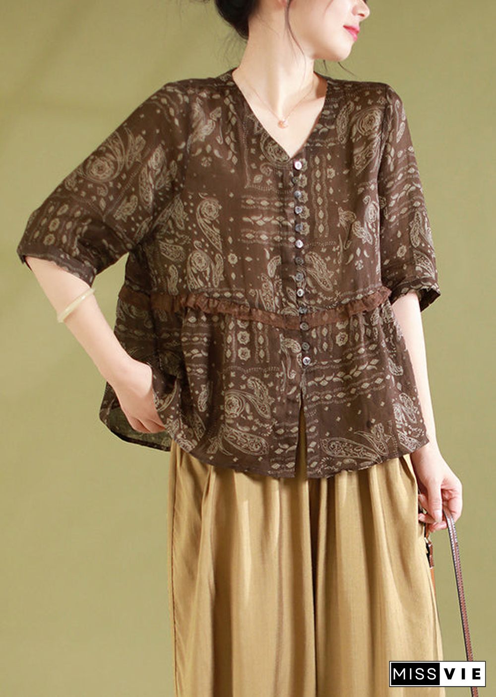 Chic Coffee Print Ruffled Patchwork Linen Shirts Summer