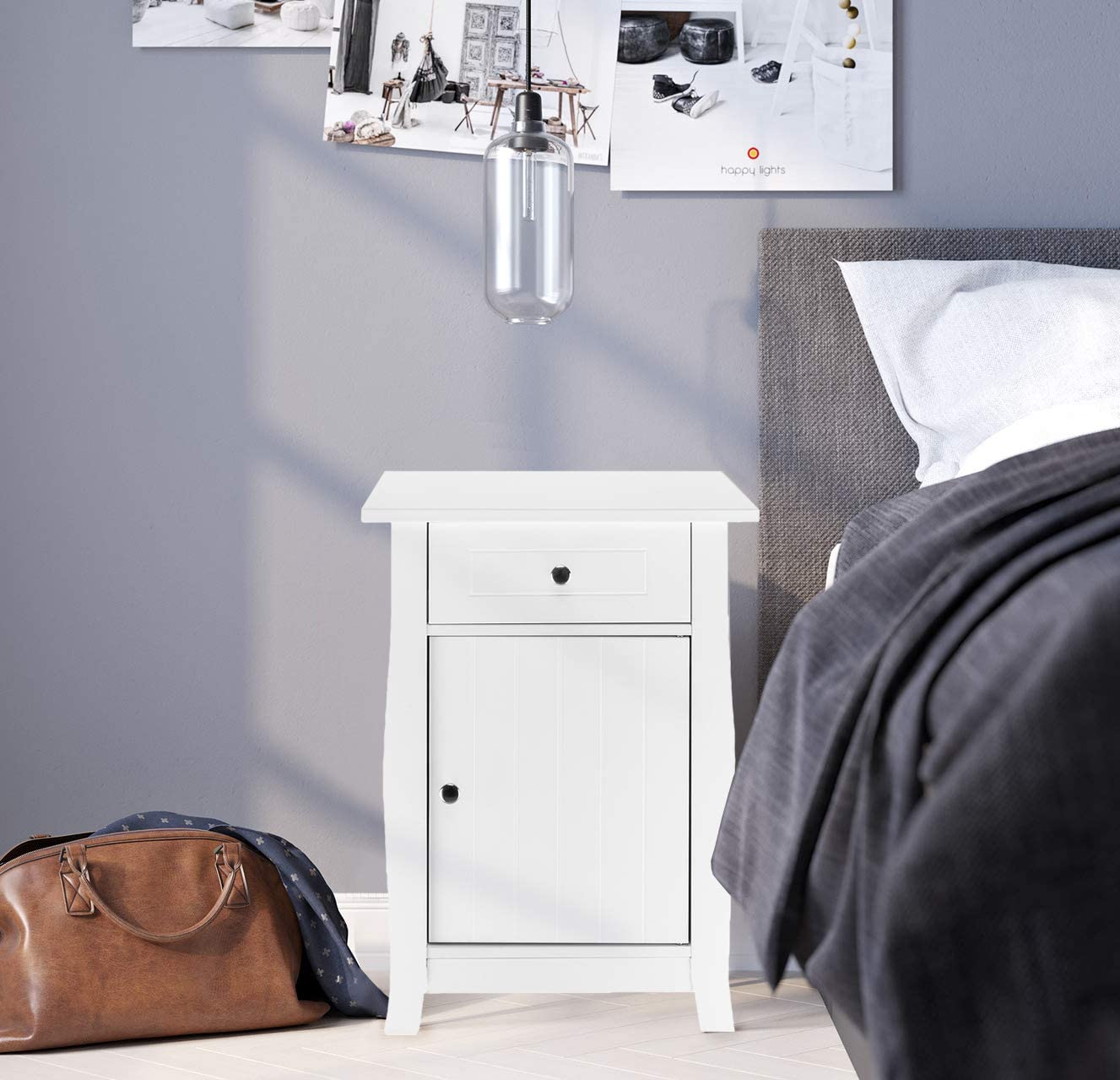 VINGLI White Nightstand with Drawers and Door, Bedroom Wood Bedside Table