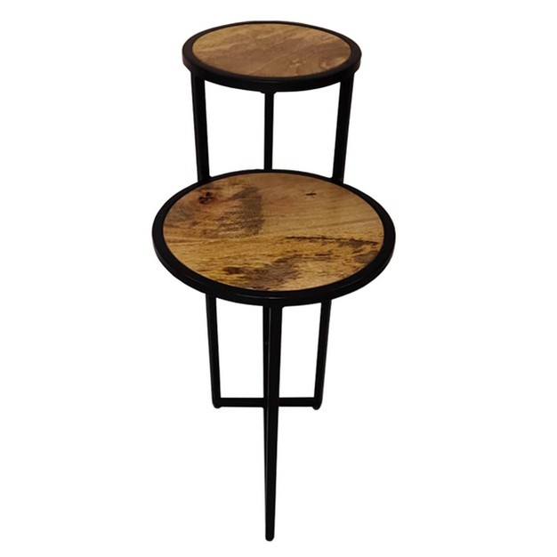 Two Tier Round Wooden Side Table With Metal Frame Brown brass The Urban Port