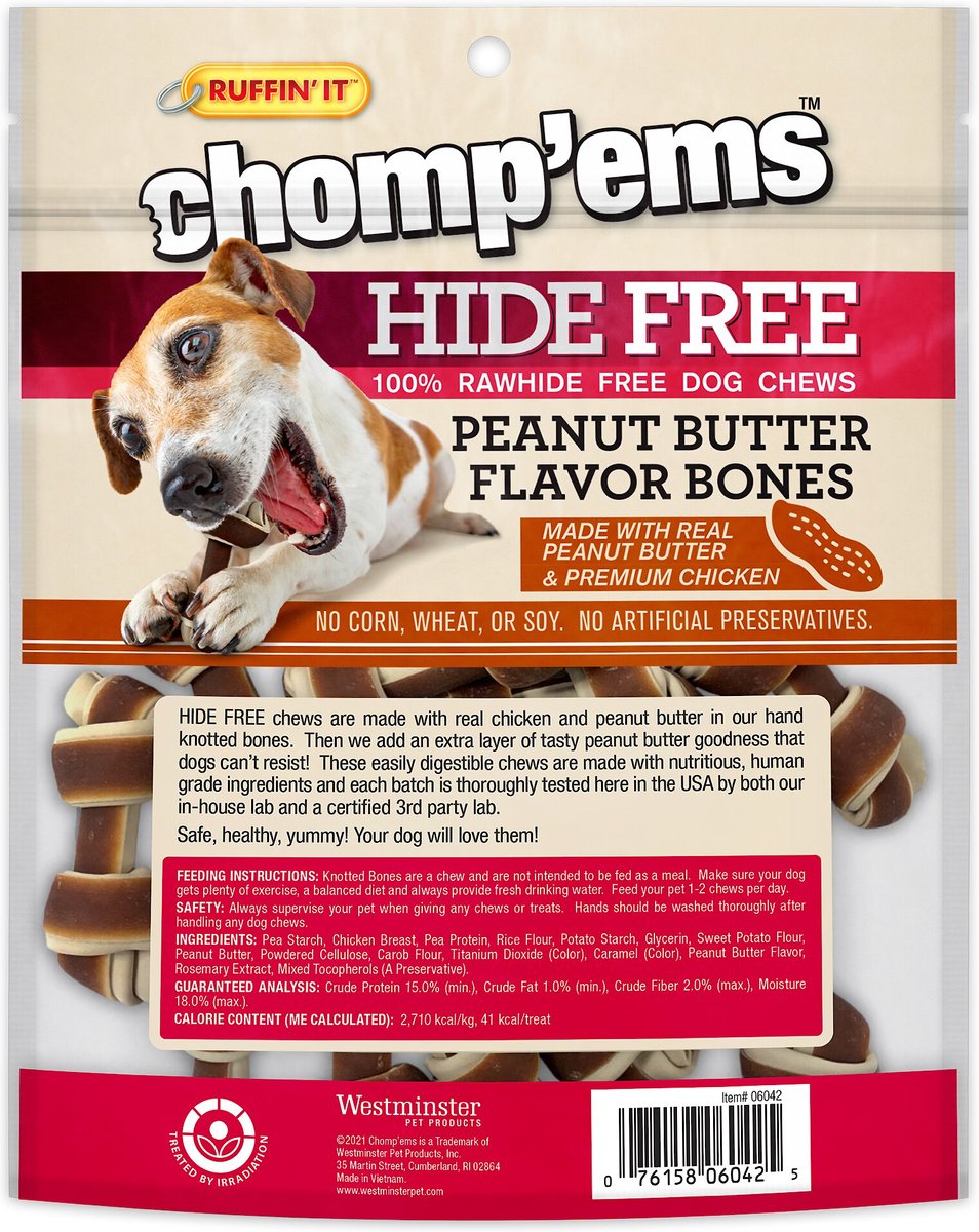 RUFFIN' IT Chomp'Ems Hide-Free Knot Bones Two-Tone Peanut Butter Dog Treats， 20 count