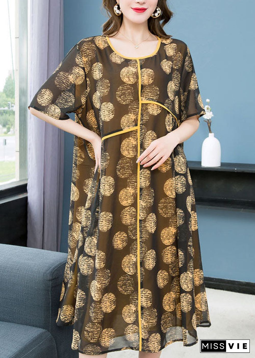 Women Yellow O Neck Print Wrinkled Patchwork Chiffon Dresses Summer