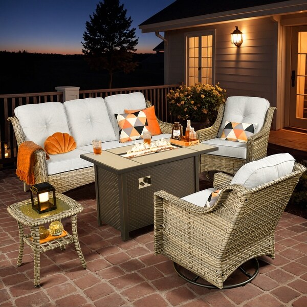 XIZZI Outdoor Rattan Wicker Patio Furniture Conversation Set with Fire Pit Table