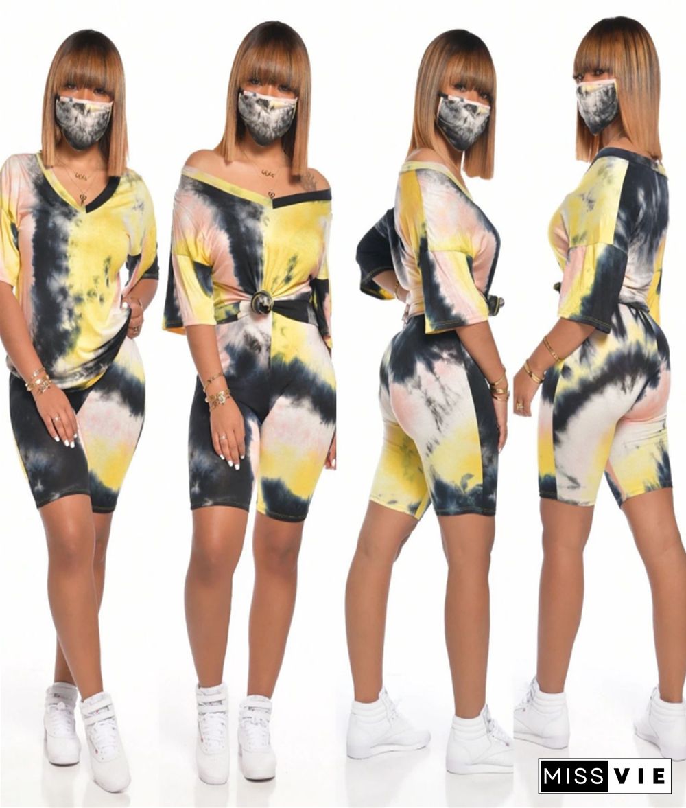 Tie-Dyed V-Neck Short Sleeve Casual Shorts Two-piece Suit With Mask