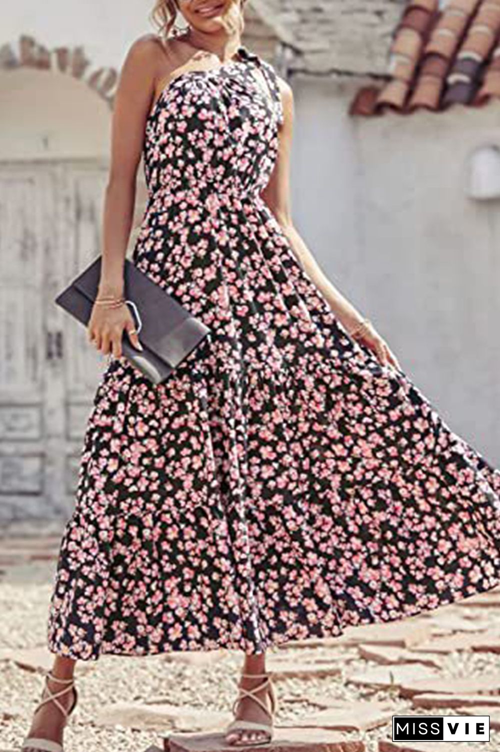 Floral Print One Shoulder High Waist Dress Wholesale