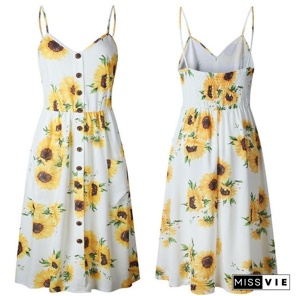 New Summer Women Strap Sundress Boho Style Midi Dress Evening Party Casual Dress Sunflower Print Dresses