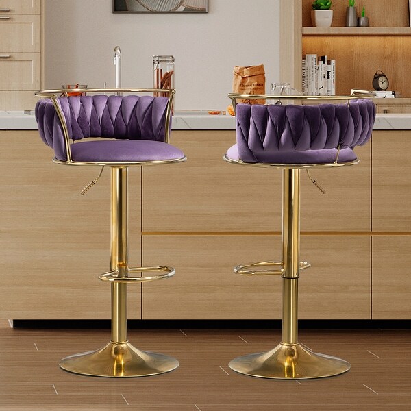 Set of 2 Bar Stool Adjustable Swivel with Gold Frame