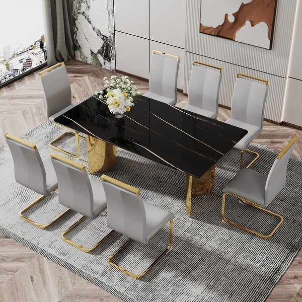 Modern Minimalist Dining Table with Black Patterned Glass Desktop and Golden Metal Legs